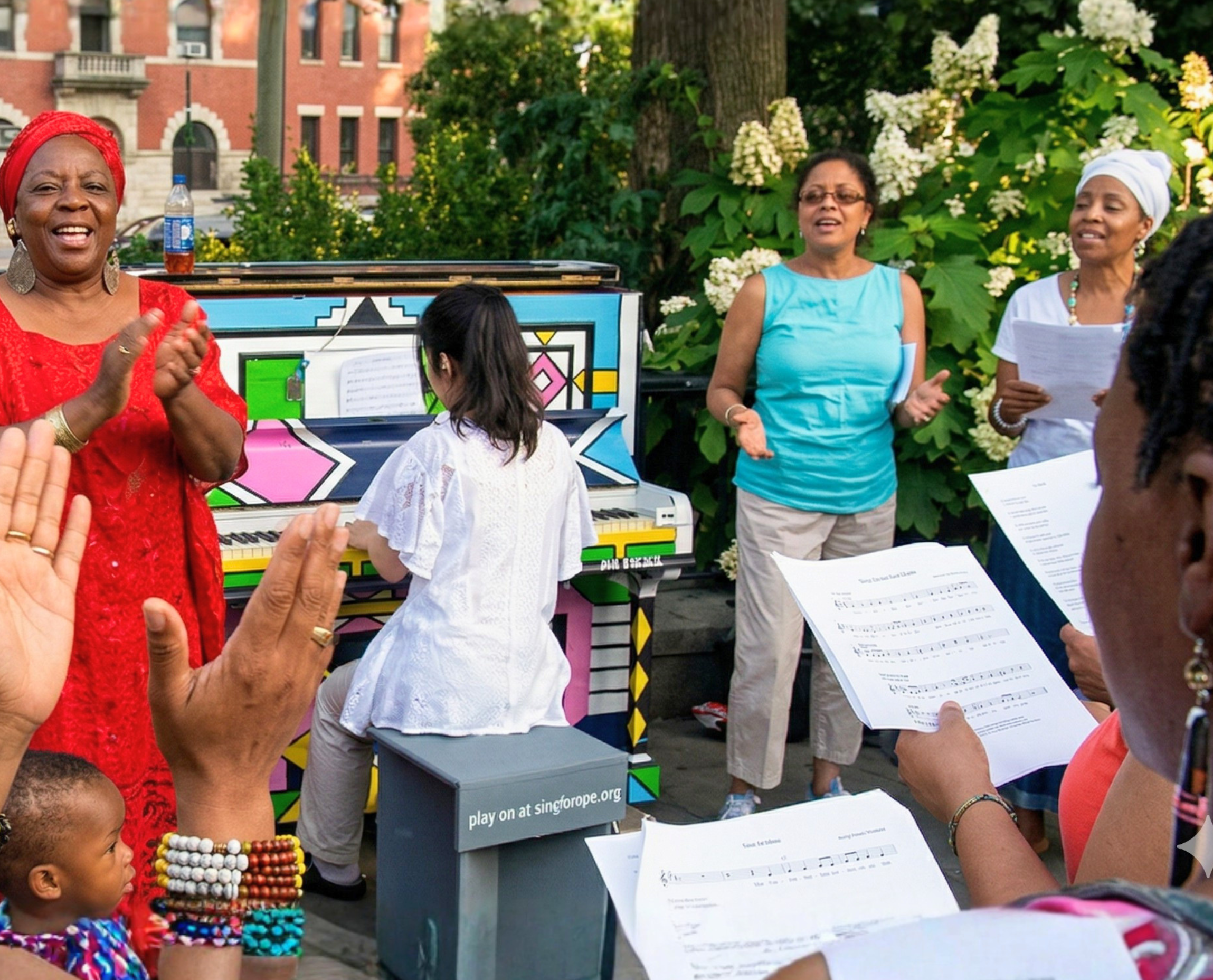 Community gathered around a Sing for Hope Piano